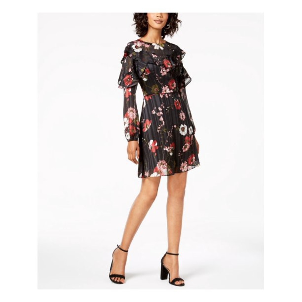 [ADRIANNA PAPELL] BLACK/RED LONG SLEEVE FLORAL PRINT RUFFLE DRESS